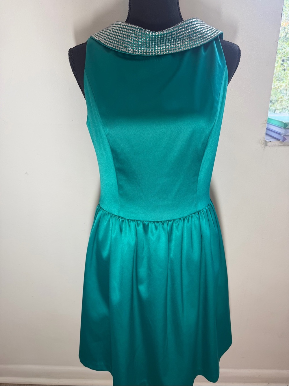 Badgley Mischka Teal Satin Mini Dress with Beaded Collar